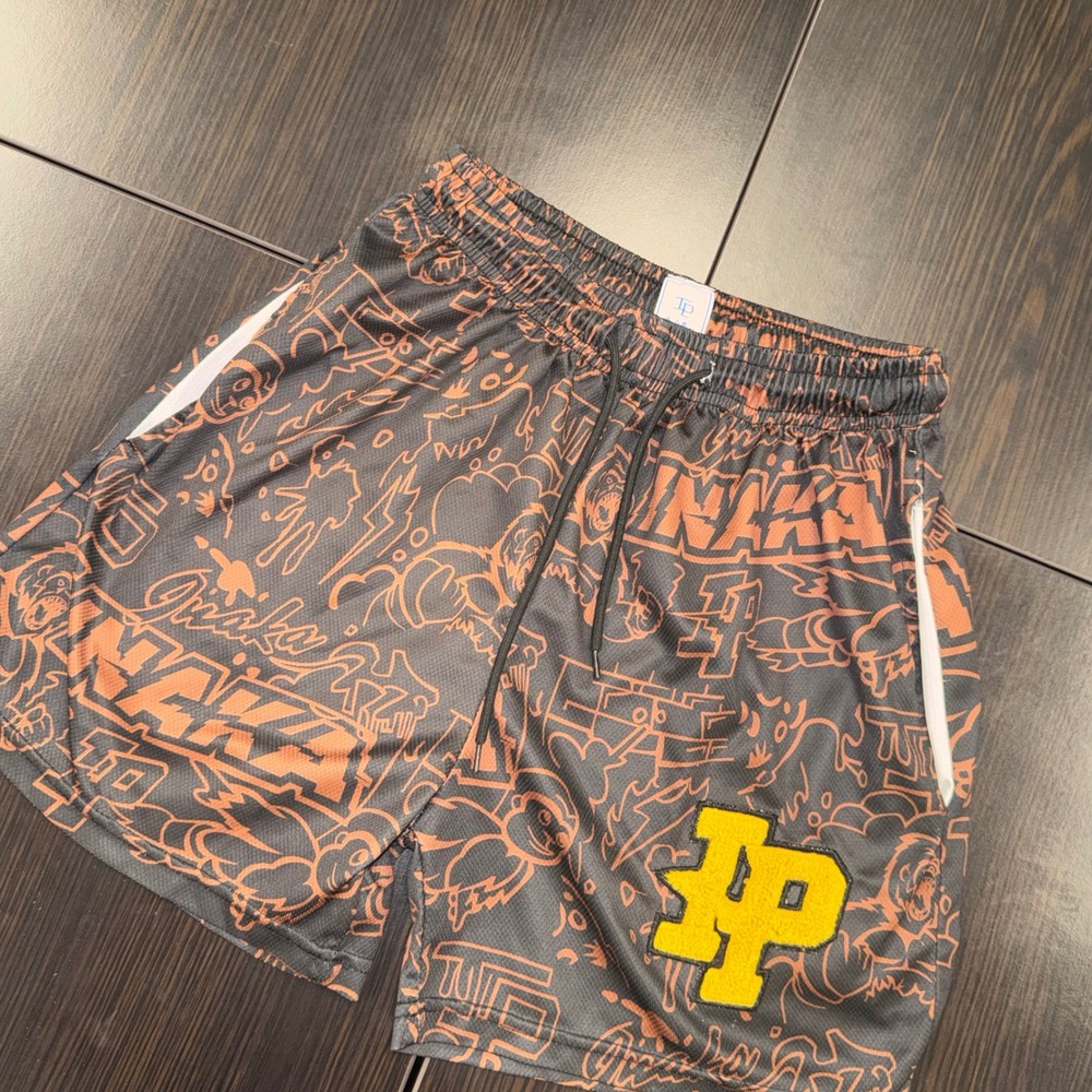 Inaka‎ Power Mesh Basketball Shorts Women M Black Orange Graffiti IP Logo EUC